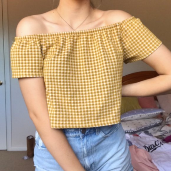 Zara Tops - Zara Gingham Off The Shoulder Crop Top